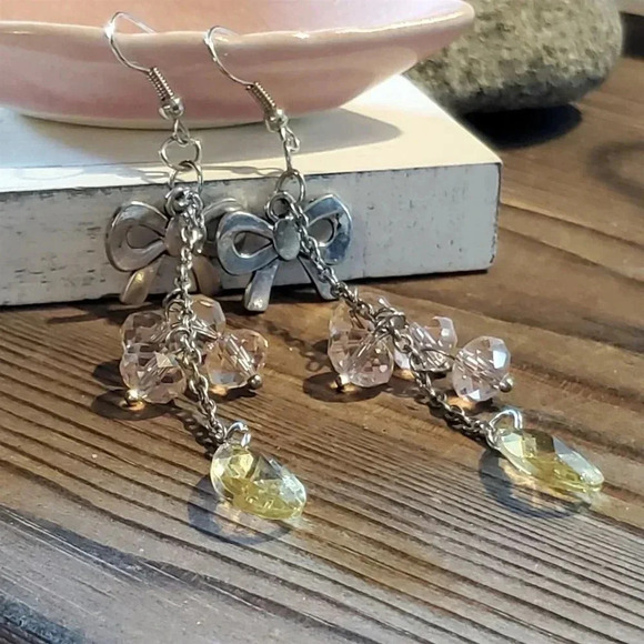 Bohemian Silver Bows Pale Faceted Glass Beads Long Chain Earrings - Picture 7 of 9